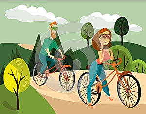 Vector illustration of family couple cycling