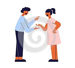 Vector illustration of family couple problem, relationship crisis with arguing man and woman screaming pointing at each other