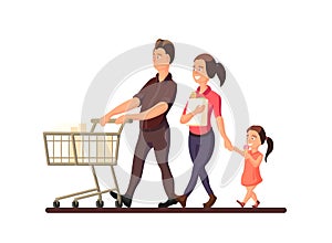 A vector illustration of family going to the market. Characters of smiling members of family: mother, father and child on white ba