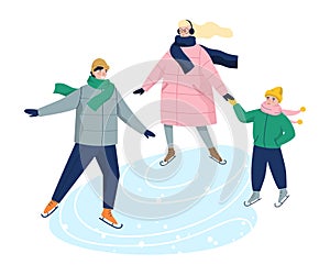 Vector illustration of family ice skating in warm winter clothes.