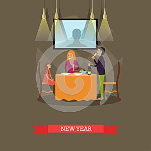 Vector illustration of family New Years Eve celebration, flat style