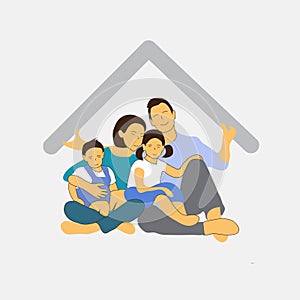 Vector illustration of a family with protection concept. Family under house hold home roof over kids