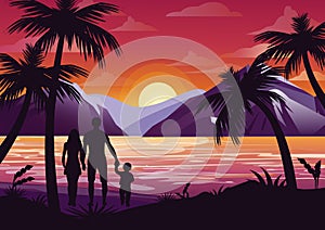Vector illustration of family silhouette with mother, father and kid on the beach under the palm tree on sunset