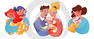 Vector illustration on a family theme. Parents hug their children of all ages.