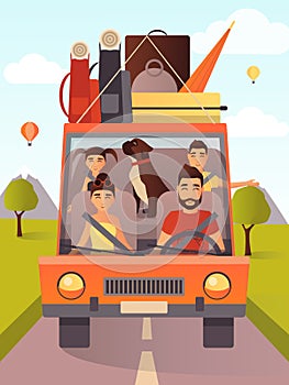 Vector illustration of family traveling by car in flat style