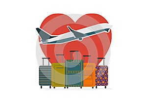 Vector illustration. Family traveling with suitcase on vacation and summer time, holiday Airport, plane. Concept for