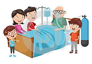 Vector Illustration Of Family Visit Grandfather At Hospital