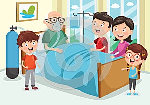 Vector Illustration Of Family Visit Grandfather At Hospital photo