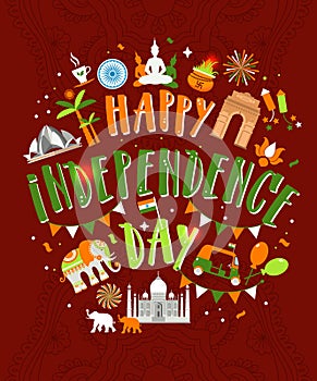 Vector illustration of Famous monument of India in Indian background for 15th August Happy Independence Day of India