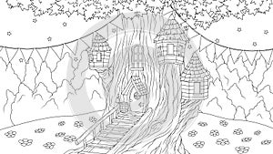 Vector illustration, fantasy house in an old tree for fairy tale characters