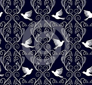 Vector illustration of fantasy nature branches and flying birds seamless pattern.