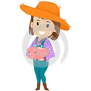 Vector Illustration of a Farm Girl holding a Pig