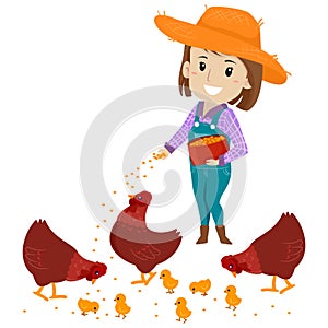 Vector Illustration of a Farmer Girl feeding the chicken with feeds photo