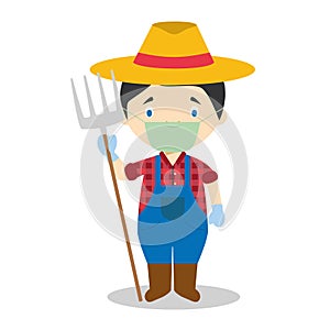 Vector illustration of a farmer with surgical mask and latex gloves as protection against a health emergency