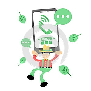 Vector illustration farmer worker and phone call electronic flat design cartoon style