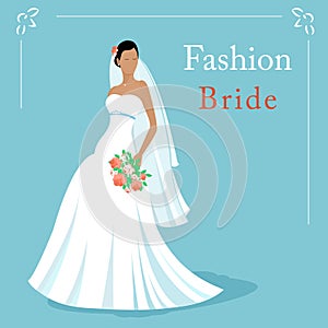 Vector Illustration of a fashion beautiful bride wearing white wedding dress and holding a bouquet. EPS 10