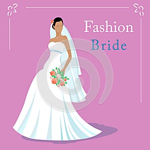 Vector Illustration of a fashion beautiful bride wearing white wedding dress and holding a bouquet. EPS 10