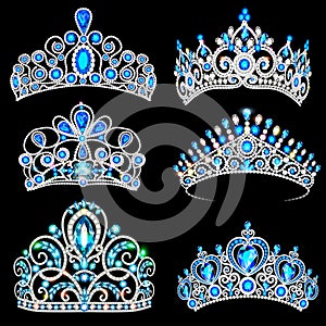 illustration of a fashion collection of jewelry tiaras with diamonds blue  sapphire