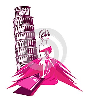Vector illustration of fashion woman shopping in italy wit bags and pisa leaning tower