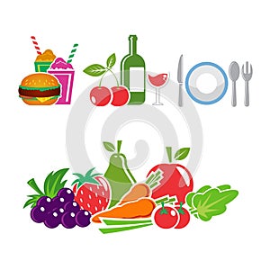 Vector illustration of fast food along with drinks and various vegetables and fruits