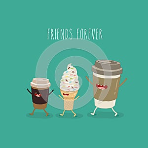 The vector illustration. Fast food. Friends forever. Coffee and ice cream