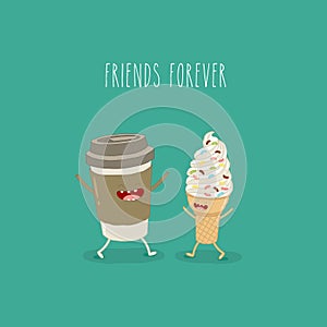 The vector illustration. Fast food. Friends forever. Coffee and ice cream