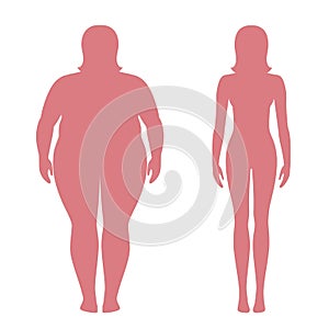 Vector illustration of fat and slim woman silhouettes. Weight loss concept. Obese and normal female body.