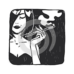 Vector illustration with fatal beauty with cigarette. Sketch with the girl in the bar