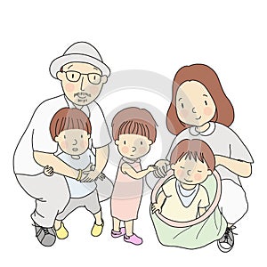 Vector illustration of father, mother and three little kids, one in dad arm, one standing, one sitting in toy bag. Family