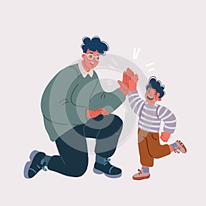 Vector illustration of father and son giving high five gesture. Parenting concept