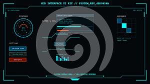 Futuristic HUD interface UI kit with data visualization elements and digital dashboard components for sci-fi gaming and