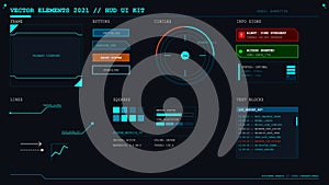 Futuristic HUD UI kit with digital interface elements for data visualization and sci-fi dashboard design on dark