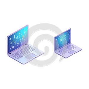 Laptop computer with binary numbers cyber technology isometric vector