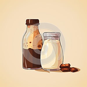 Retro Vintage Illustration Of Milk And Chocolate In Bottles photo