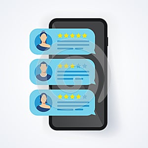 Vector illustration feedback review rating stars bubble speeches on mobile phone, smartphone with good and bad rate