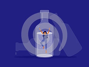 Vector illustration of female alcoholism with afraid woman drowning in bottle of alcohol