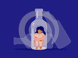 Vector illustration of female alcoholism with unhappy woman sitting at alcohol drink bottle bottom hugging her knees