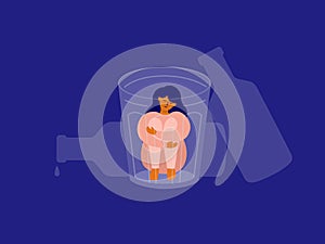 Vector illustration of female alcoholism with unhappy woman sitting into drink glass hugging her knees