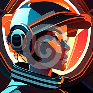 a female astronaut wearing virtual reality goggles and helmet.