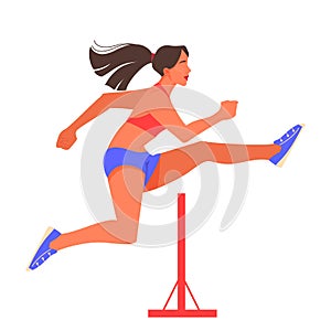 Vector illustration of female athlete hurdling. Running competition