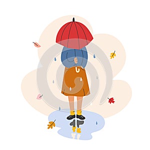 Vector illustration of female character holding an umbrella standing in a puddle.