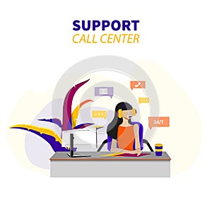 Vector illustration Female customer service. Hotline operator advises client, Online global technical support. Female customer ser