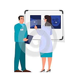 Vector illustration of female doctor and intern examine breast