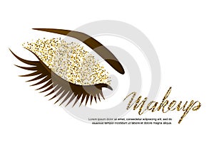 Vector illustration of female eye with long eyelashes and luxury makeup. Golden glitters eyeshadows, trendy makeup.