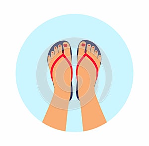 Vector illustration female feet with a pedicure in the summer flip-flops. summer - concept background