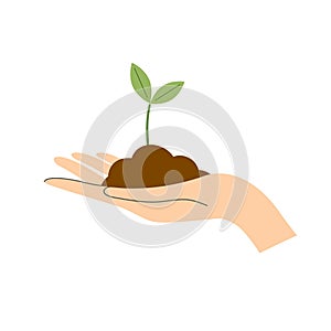 Vector illustration of female hand with pile of earth growing green plant. Icon symbol for alternative energy sources