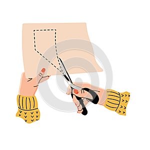 Vector illustration of female hands cutting fabric or paper with scissors. Seamstress hands in a flat design. Creative hobby. Isol