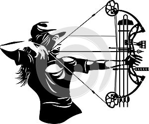 vector illustration of female hunter aiming with compound bow and arrow