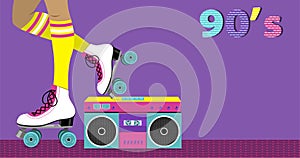 Vector illustration with female legs in retro roller skates with cassette recorder for pushing music with two speakers on beige