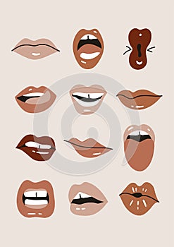 Vector illustration female mouths. Colorful lipstick. Various of mimic, emotions, facial expressions. Poster for print.